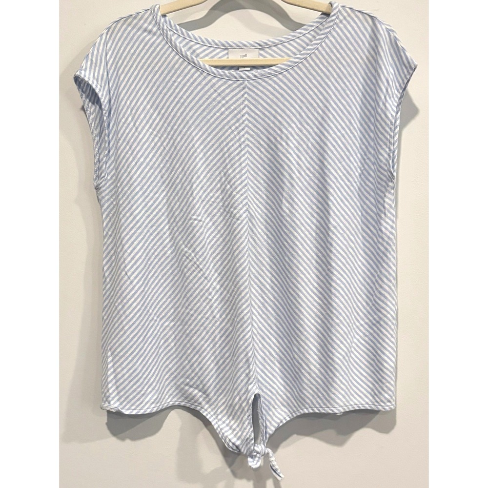 J Jill‎ Stripe Tie Front Top Womens Blue White Linen Blend Medium Coastal 20937